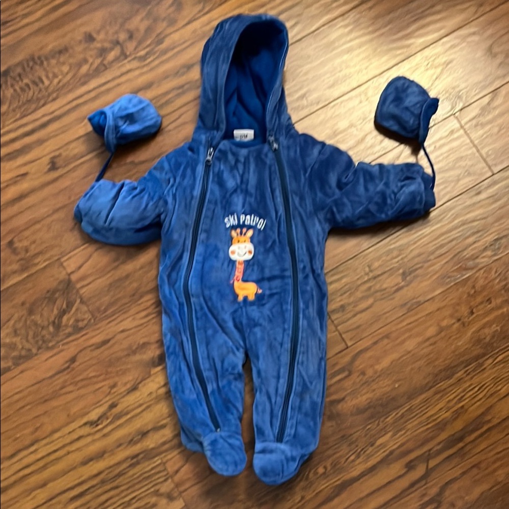 Blue Kids One Piece Snow Suit/ Bunting with attached gloves.